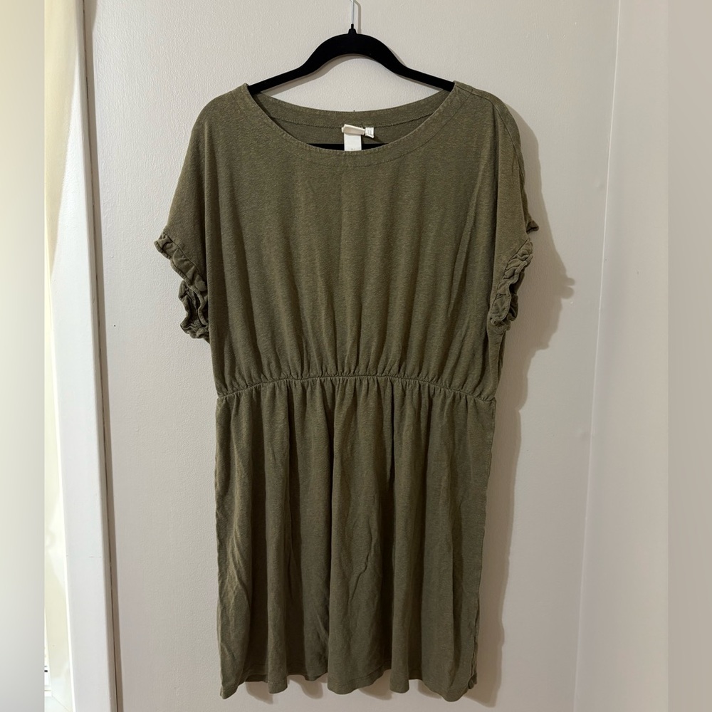 H&M Olive Green Linen Blend Tunic with Ruffle Sleeves